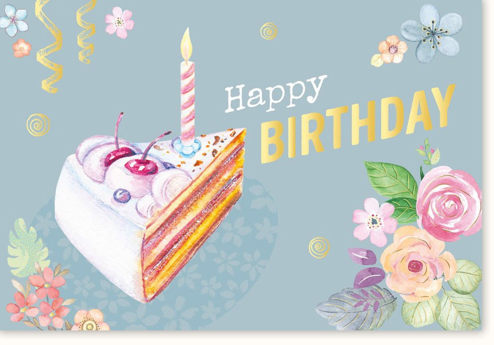 Geburtstagskarte Doppelkarte mit Kuchen & Kerzen Illustration, Blumen in Pastell - Feierliche Glückwunsch - Karte