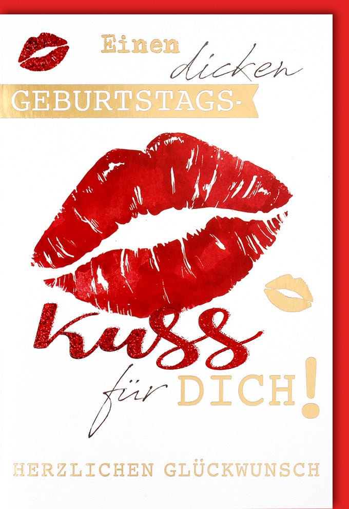 Geburtstagskarte Doppelkarte mit Kussmotiv - Elegante Glückwunschkarte in Rot und Gold, Liebevolles Herzlichen Glückwunsch Design mit Lippen - Print
