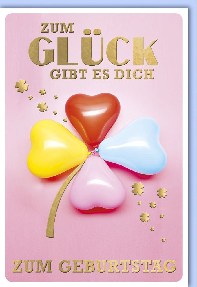 Geburtstagskarte Doppelkarte mit Luftballons in Herzform und goldenen Blumen auf rosa Hintergrund mit Umschlag