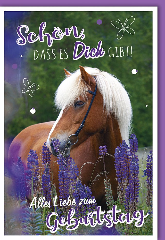Geburtstagskarte Doppelkarte mit Pferdemotiv - Elegante Glückwunschkarte in Lila & Weiß, Natur - Design mit Blumen & Herzlichen Glückwunsch - Schriftzug