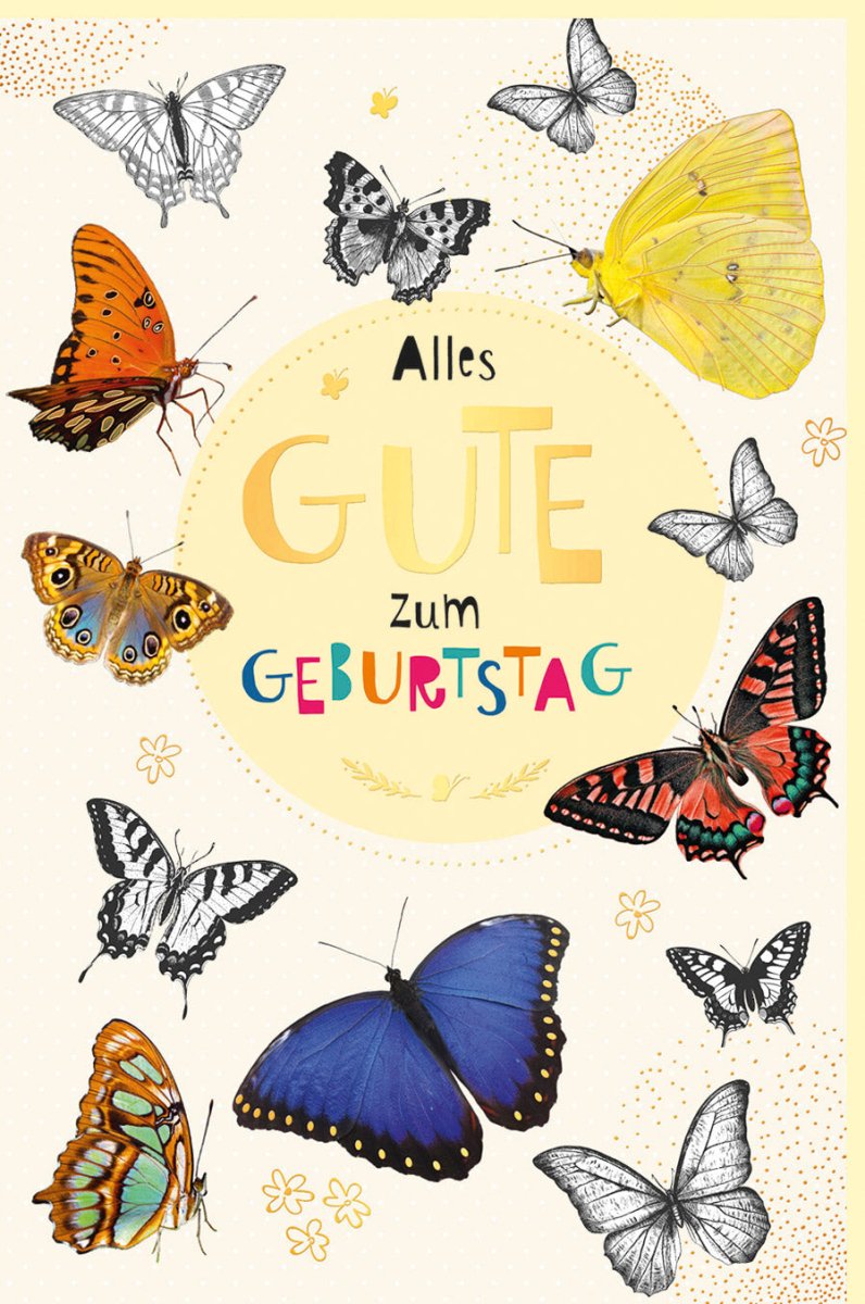 Geburtstagskarte Doppelkarte mit Schmetterlingen - Umweltfreundliche Glückwunschkarte auf Naturkarton mit Goldfolie, Biologisch Abbaubare Grußkarte für Erwachsene und Kinder in Gelb