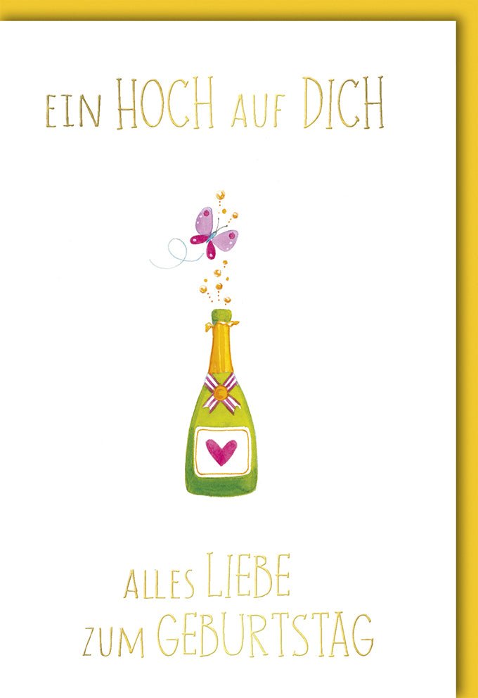Geburtstagskarte Doppelkarte mit Sektflasche & Schmetterling Design - Herzliche & Witzige Glückwunschkarte für Erwachsene, Frauen und Männer, Originelle Geschenkidee mit Toast Spruch in Grün & Gelb
