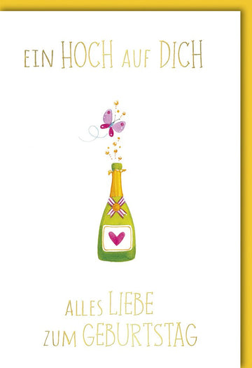 Geburtstagskarte Doppelkarte mit Sektflasche & Schmetterling Design - Herzliche & Witzige Glückwunschkarte für Erwachsene, Frauen und Männer, Originelle Geschenkidee mit Toast Spruch in Grün & Gelb