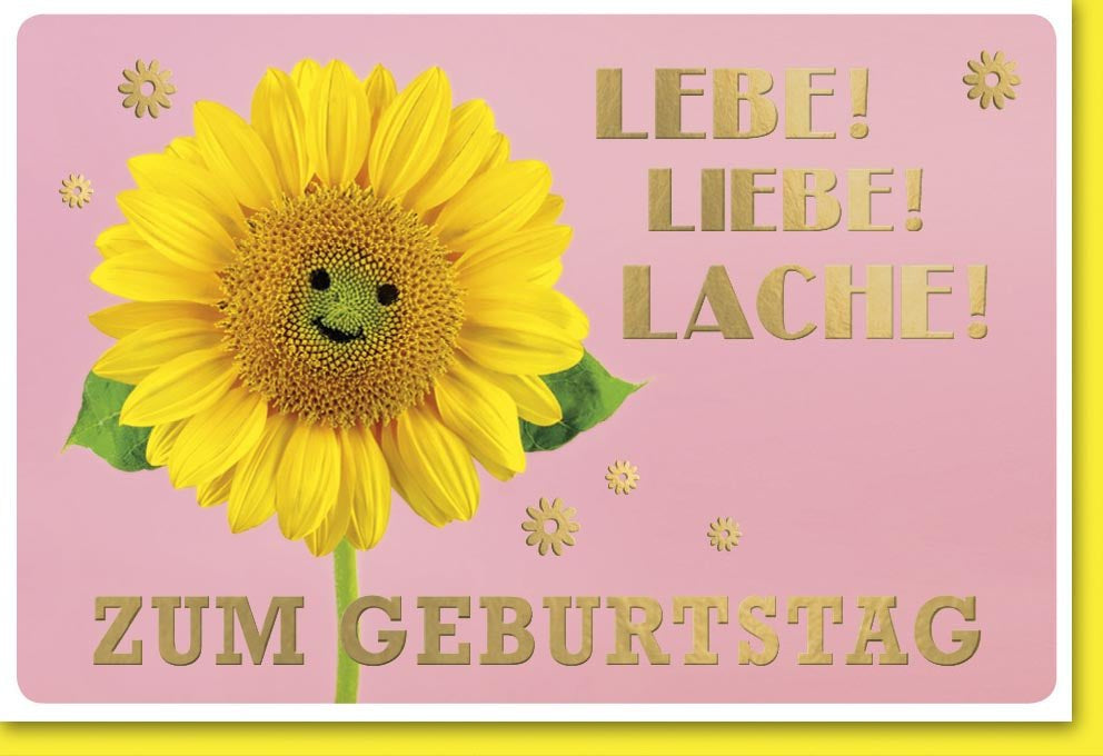 Geburtstagskarte Doppelkarte mit Sonnenblume und Schriftzug Lebe Liebe Lache in Gold auf rosa Hintergrund mit Umschlag