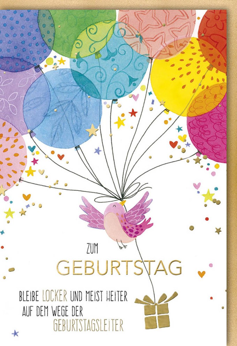 Geburtstagskarte Doppelkarte mit Vogel & Luftballons - Bunte Glückwunschkarte für Jubiläum & Feier, Festliche Gratulationskarte