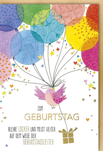 Geburtstagskarte Doppelkarte mit Vogel & Luftballons - Bunte Glückwunschkarte für Jubiläum & Feier, Festliche Gratulationskarte