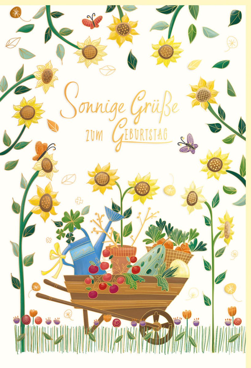 Geburtstagskarte Doppelkarte - Naturkarton mit Sonnenblumen & Schubkarre, Goldfolie & Blindprägung, Natur Design für Sonnige Grüße
