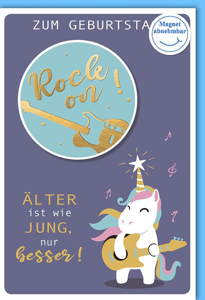 Geburtstagskarte Doppelkarte "Rock on Einhorn" - Lustige Glückwunschkarte mit Gitarre, Magnet & Spruch, Bunte Cartoon - Illustration für Jugendliche & Erwachsene, Humorvolle Party - Feier Karte, Blau