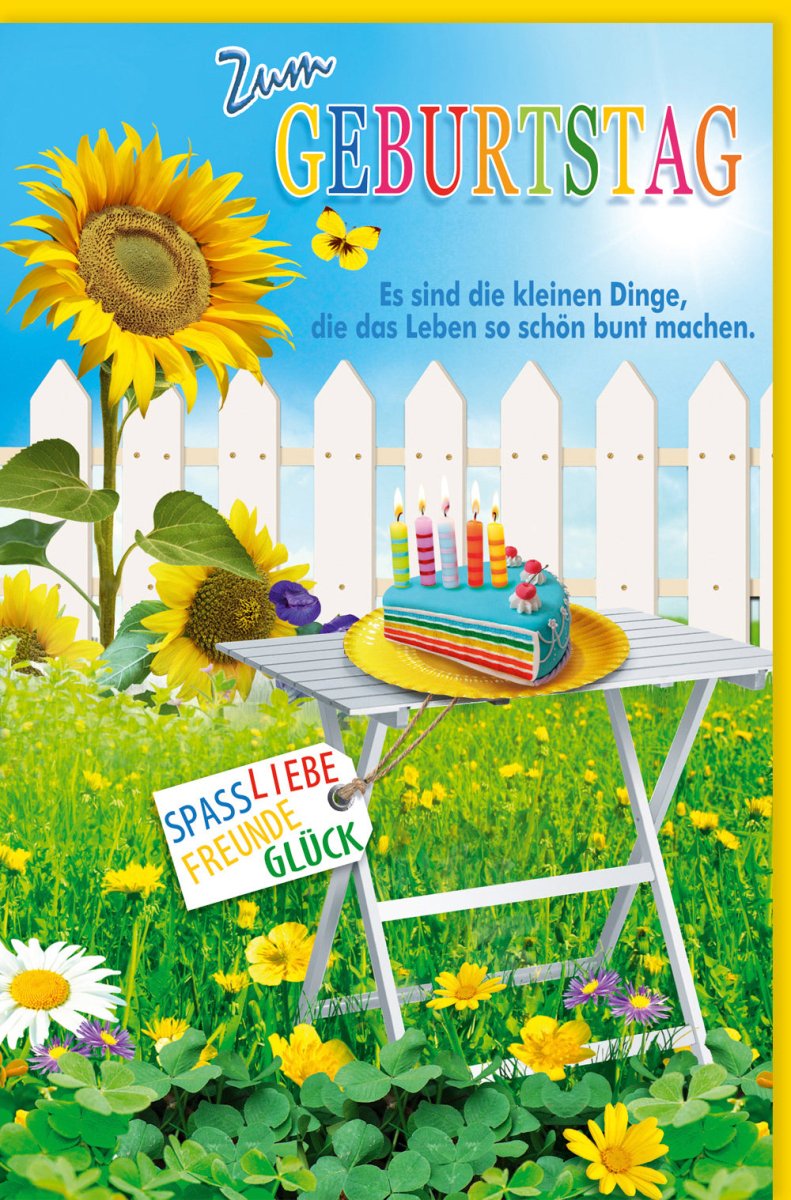 Geburtstagskarte Doppelkarte - Sonnenblumen & Kuchen am Gartentisch, Farbenfrohe Natur - Feier, Glückwunsch zur Festlichkeit