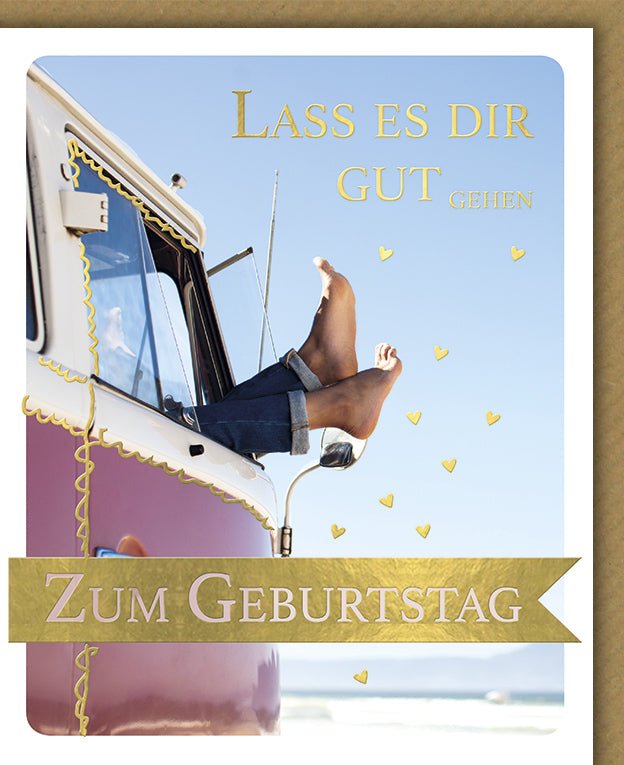 Geburtstagskarte Doppelkarte - Vintage Bulli am Strand Design, Retro Glückwunschkarte für Entspannung & Meer - Feeling, Happy Birthday Relax Gruß mit Sonne & Chill Vibes, Erholung & Wellness Wünsche