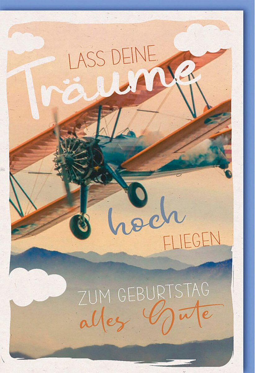 Geburtstagskarte Doppelkarte Vintage Flugzeug - Himmel & Abenteuer Motiv, Retro Design Glückwunschkarte für Träumer, Hochfliegen Geburtstagsgruß, Ideal zum Gratulieren und Träume Verschenken