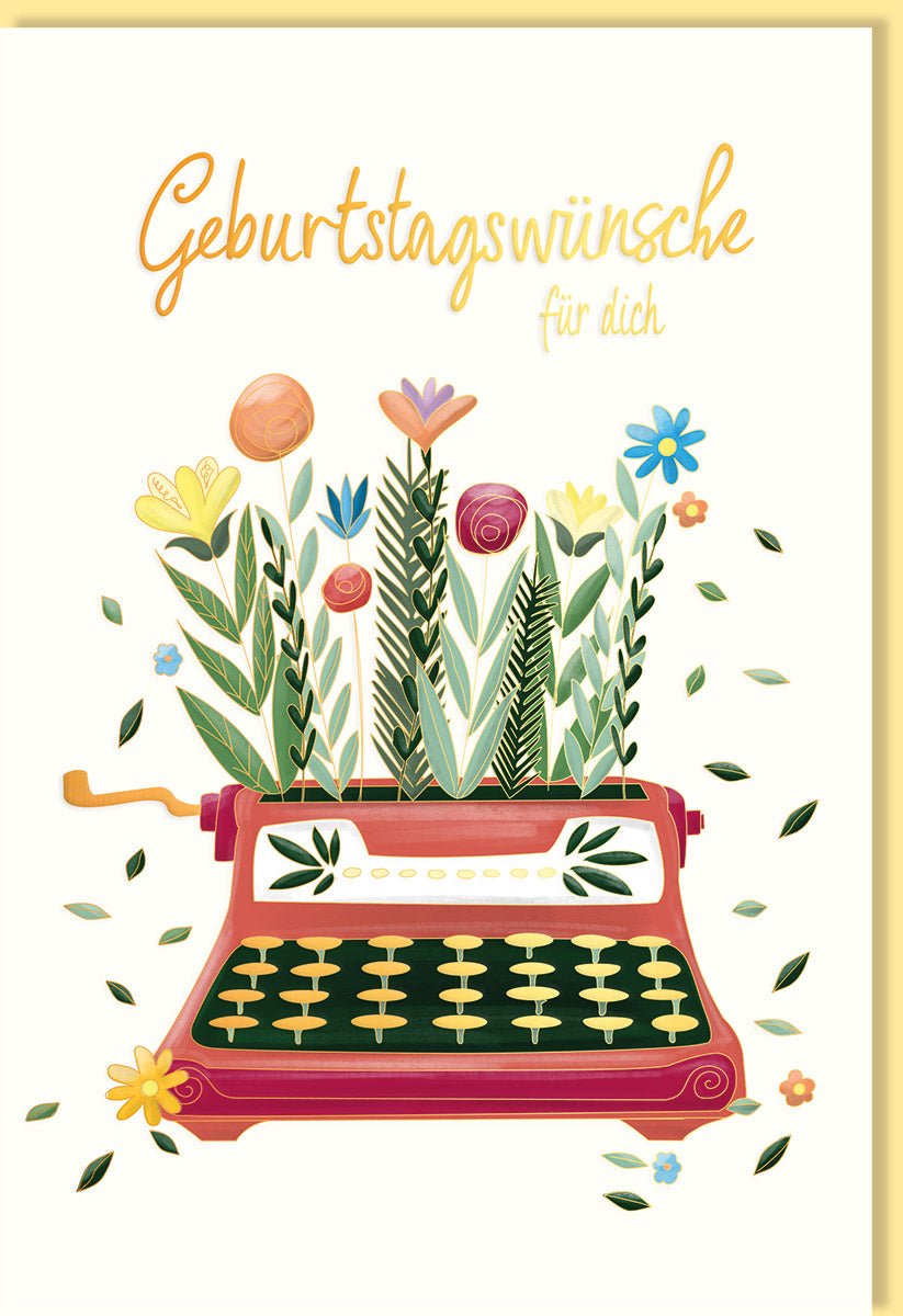 Geburtstagskarte Doppelkarte Vintage Schreibmaschine & Blumen, Premium Naturkarton mit Goldfolie, Elegante Retro Glückwunschkarte, Umweltfreundlich & Handgemacht, Hochwertiges Design für Feierlichkeiten