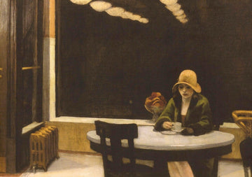 Geburtstagskarte "Edward Hopper Automat" - Kunstkarte mit Vintage Café - Szene, Einsame Frau am Tisch, Gelber Hut & Grüner Mantel, Retro Amerikanische Kunst des 20. Jahrhunderts, Realismus & Stille Atmosphäre, Blanko Innenseite