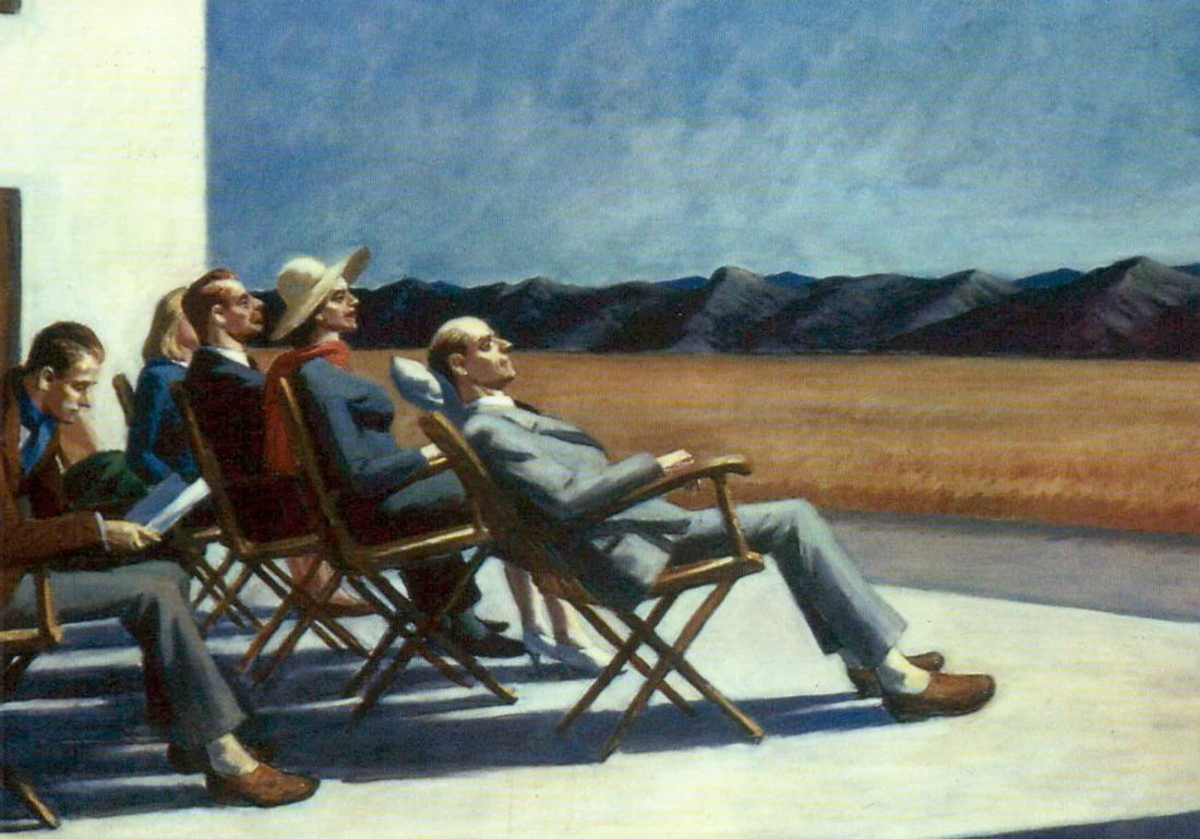 Geburtstagskarte - Edward Hopper Kunstkarte "Sonnenbaden" - Entspannung & Ruhe, Menschen in Landschaft, Stühle & Schatten Motiv, Blanko Vintage Retro Malerei, Ideal für Sammler, Galerie & Museum Dekor, Design Interior - 1 Stück