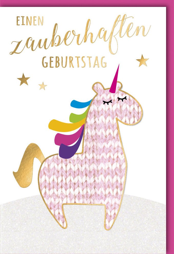Geburtstagskarte Einhorn - Zauberhafte Glückwunschkarte für Mädchen, Kindergeburtstag, Rosa Gold mit Sternen, Party Einladung, Fantasy Magie Fabelwesen, Glitzerndes Happy Birthday Celebration