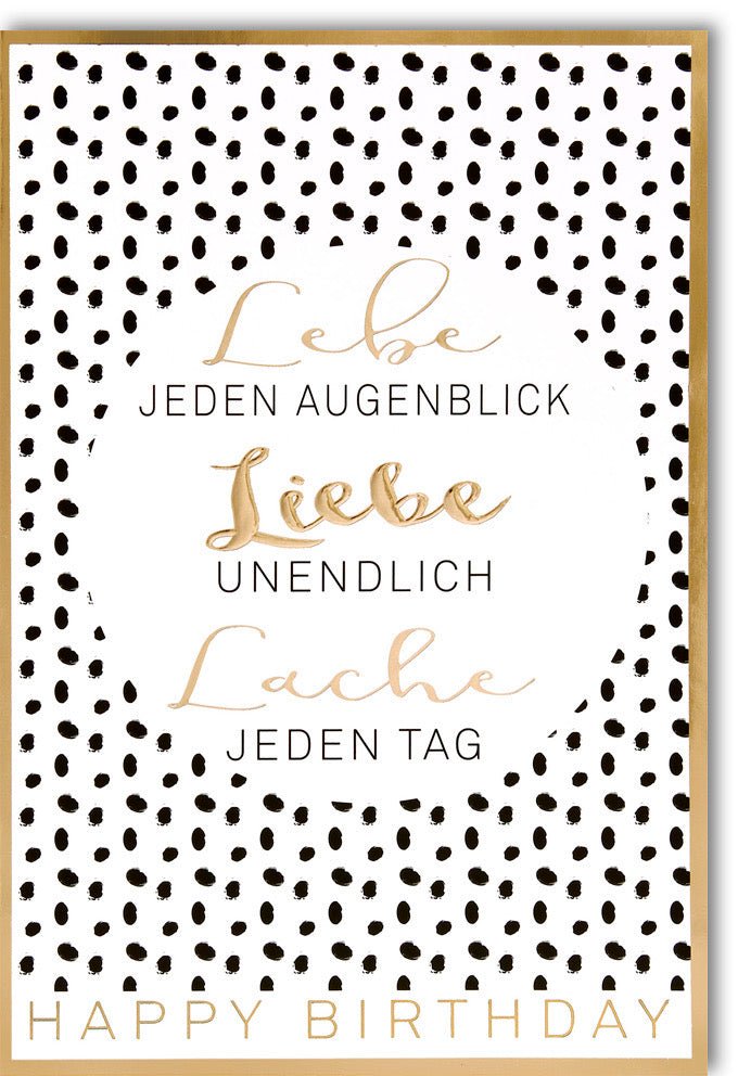 Geburtstagskarte - Elegante Doppelkarte in Schwarz & Gold mit Punkten, Liebe & Lachen für Lebensfreude, Moderne Gratulation