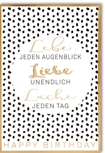 Geburtstagskarte - Elegante Doppelkarte in Schwarz & Gold mit Punkten, Liebe & Lachen für Lebensfreude, Moderne Gratulation