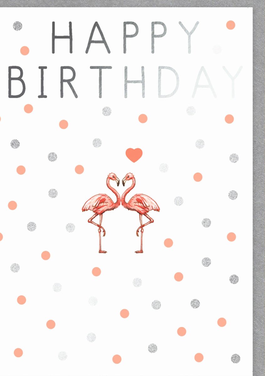 Geburtstagskarte - Elegante Flamingo Doppelkarte mit Herz & Punkten, Liebevolle Happy Birthday Glückwunschkarte, Moderne Geburtstagsgrüße