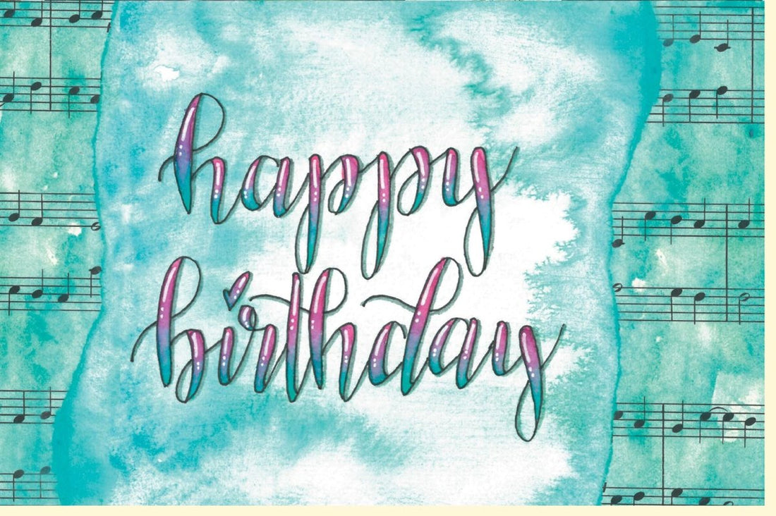 Geburtstagskarte - Elegante Glückwunschkarte mit Musiknoten, Aquarell - Design in Türkis & Grün, "Happy Birthday" Schriftzug für Feierliche Gratulation