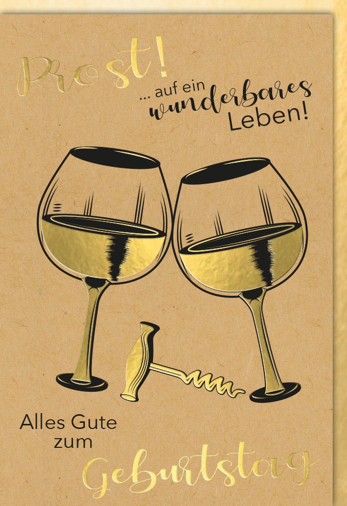 Geburtstagskarte - Elegante Vintage Doppelkarte mit Gold Prost Weingläser, Cheers Toast für stilvolle Geburtstagsglückwünsche und Feier