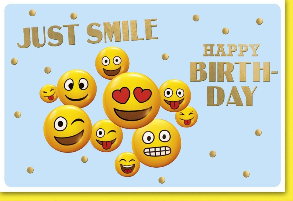 Geburtstagskarte Emoji - Thema – Witzige Doppelkarte mit Lächeln & Humor, Gelbe Emotionen für Freude und Positivität, Spaßige Smile - Gesichter Ausdruck für Party & Feier, Glückwunsch - Karte für Jugendliche & Erwachsene