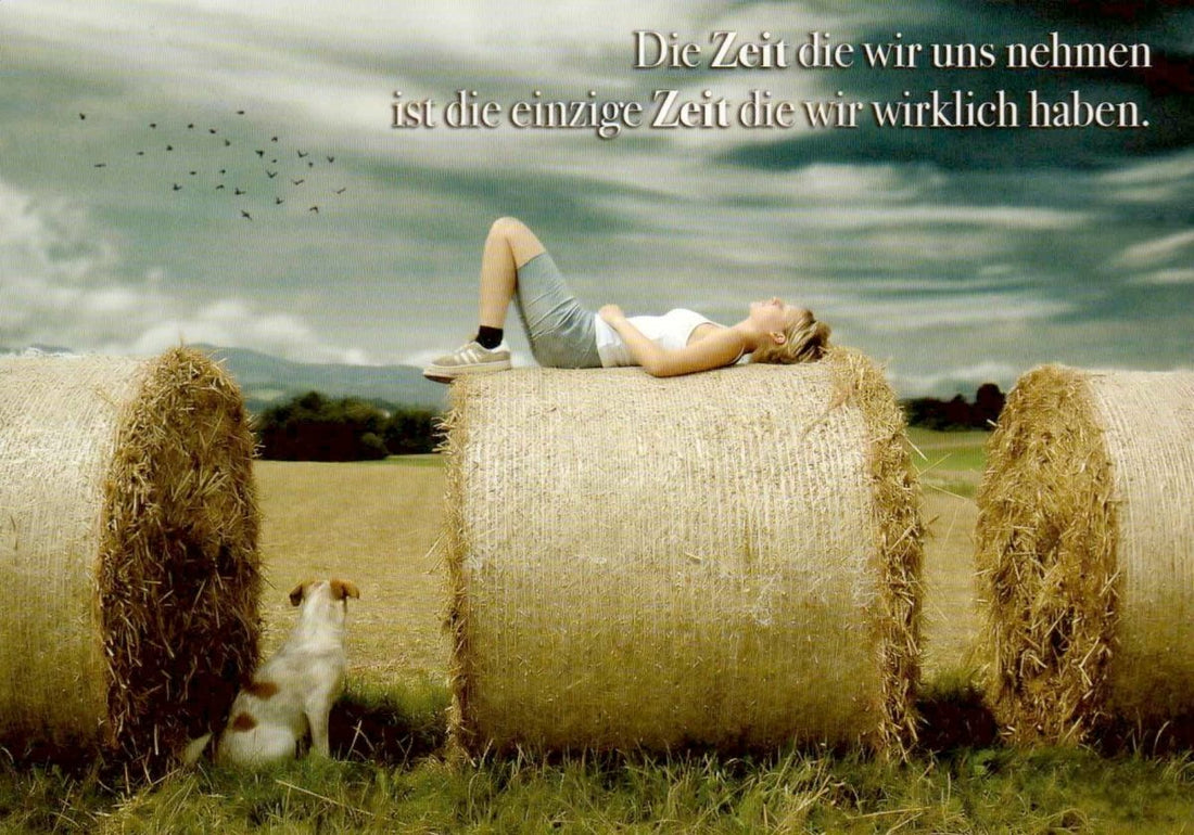 Geburtstagskarte Entspannung - Postkarte mit Naturmotiv, Frau & Hund auf Strohballen, Himmel & Vögel - Weisheiten über Zeit & Leben