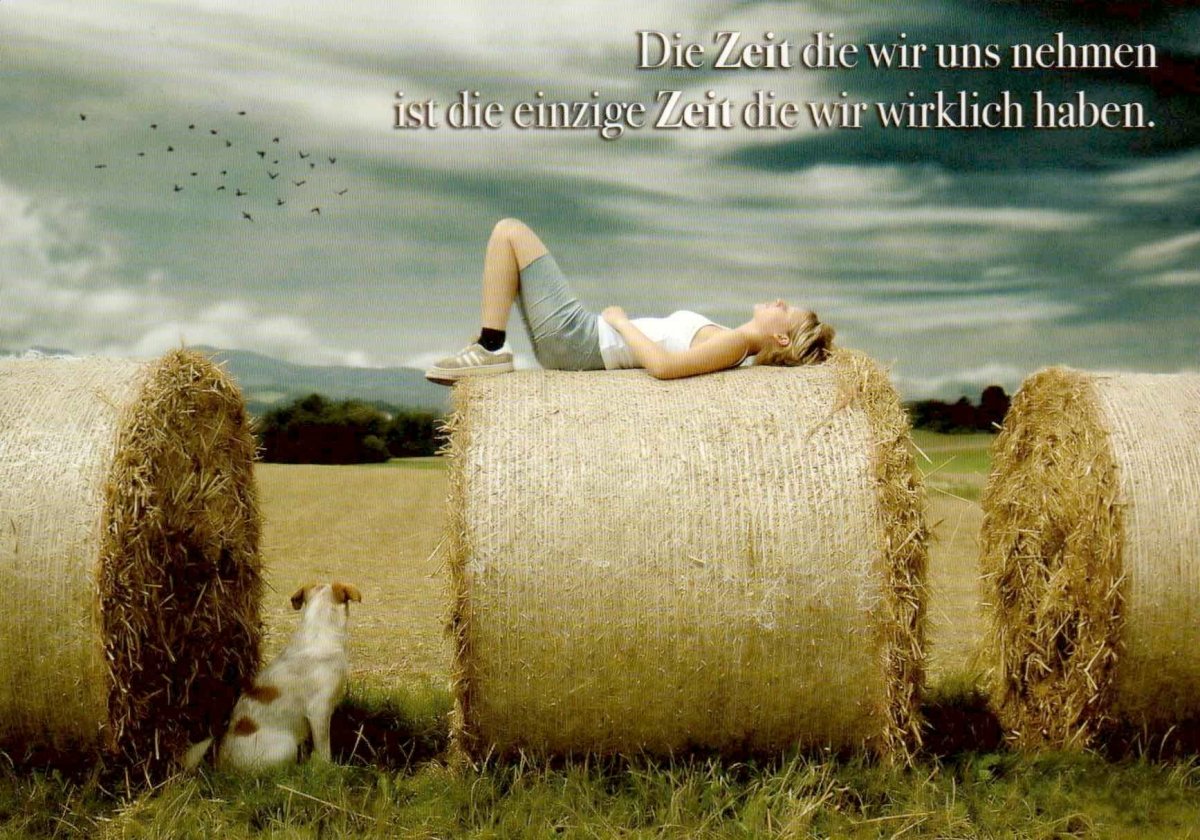 Geburtstagskarte Entspannung - Postkarte mit Naturmotiv, Frau & Hund auf Strohballen, Himmel & Vögel - Weisheiten über Zeit & Leben