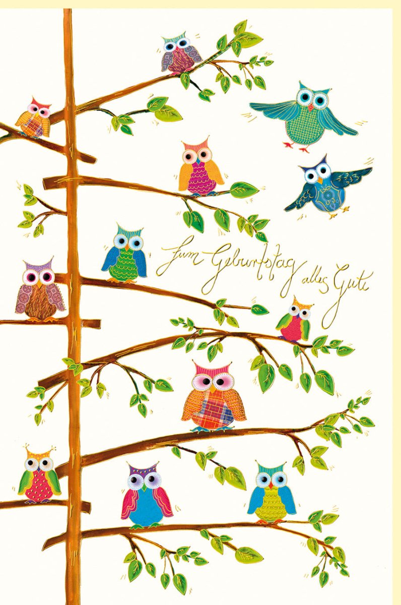 Geburtstagskarte "Eulenfreude" - Baum & Naturkarton mit Goldfolie, Blindprägung, Skorpion - Design, Handgefertigte Glückwunschkarte in Premium - Qualität