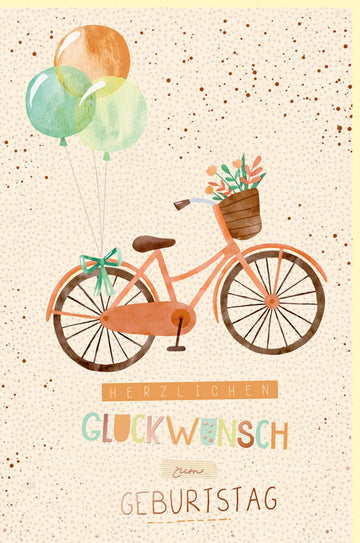 Geburtstagskarte Fahrrad & Ballons – Nachhaltige Glückwunschkarte aus Zuckerrohrpapier, Vintage Design, Farbenfroh für Feier und Festlichkeit