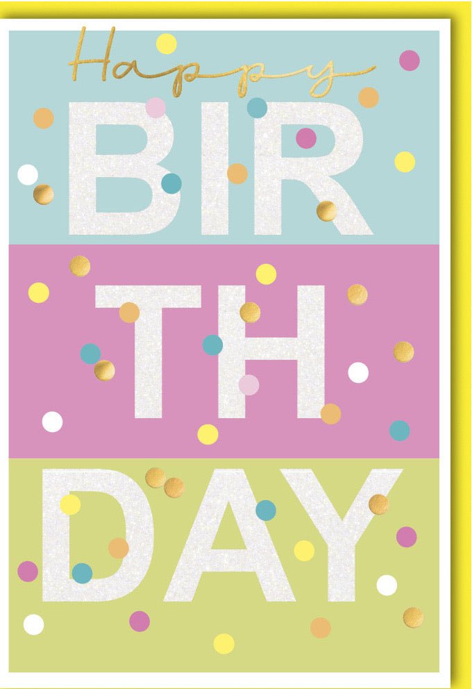 Geburtstagskarte - Farbenfrohe Doppelkarte mit Punkten für Happy Birthday Wünsche, Glückwunschkarte für Feier, Bunte Grußkarte Gelb Rosa, Ideal für Freunde, Familie, Kinder & Erwachsene