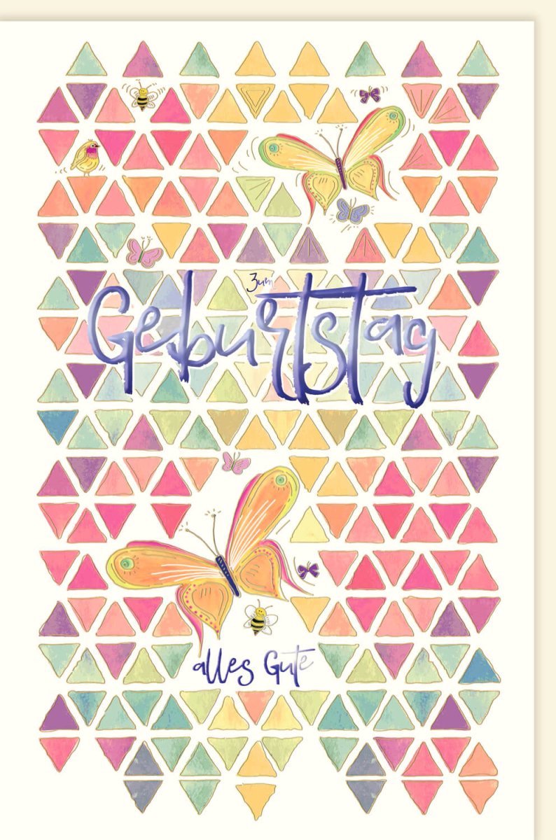 Geburtstagskarte - Farbenfrohe Glückwunsch Doppelkarte mit Schmetterlingsmuster, Geometrisches Design, Festliche Jubiläumsgrußkarte