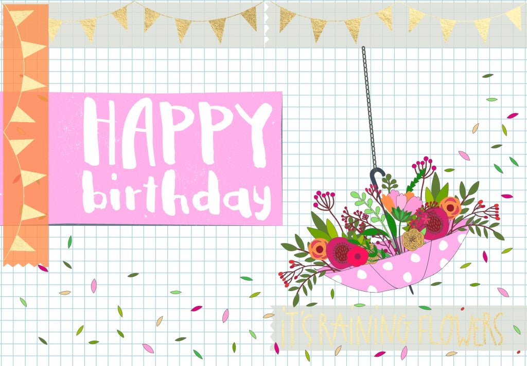 Geburtstagskarte - Farbenfroher Blumenregen mit festlicher Girlande, Glückwunsch & Deko - Design, Kreative Gratulations - , Ideal für Jubiläum & Feier