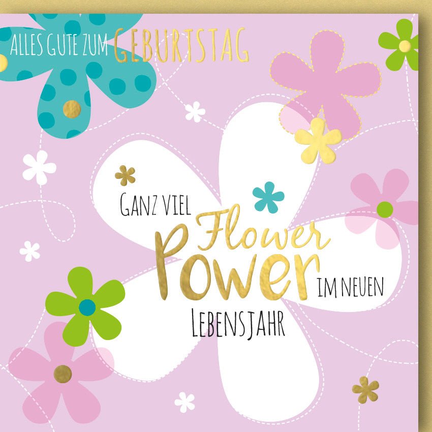 Geburtstagskarte "Flower Power" - Fröhliche Glückwunsch Doppelkarte mit bunten Blumen, Festliche Gratulation zum neuen Lebensjahr