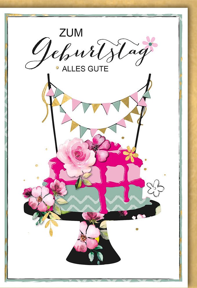 Geburtstagskarte Frau - Elegante Doppelkarte mit Blumen, Torte & Girlande, Rosa Goldrand & Schmetterling - Motiv für festliche Glückwünsche