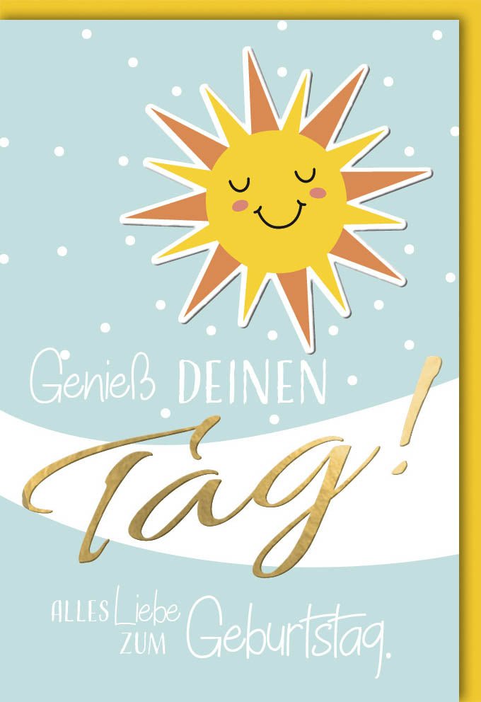 Geburtstagskarte - Fröhliche Doppelkarte mit Sonnenschein - Motiv, Gelb & Blau, Schriftzug für Jubiläum & Geburtstagsfeier, Optimistische Glückwunschkarte für Freude & Festlichkeit, Celebration Birthday Sunshine Happiness