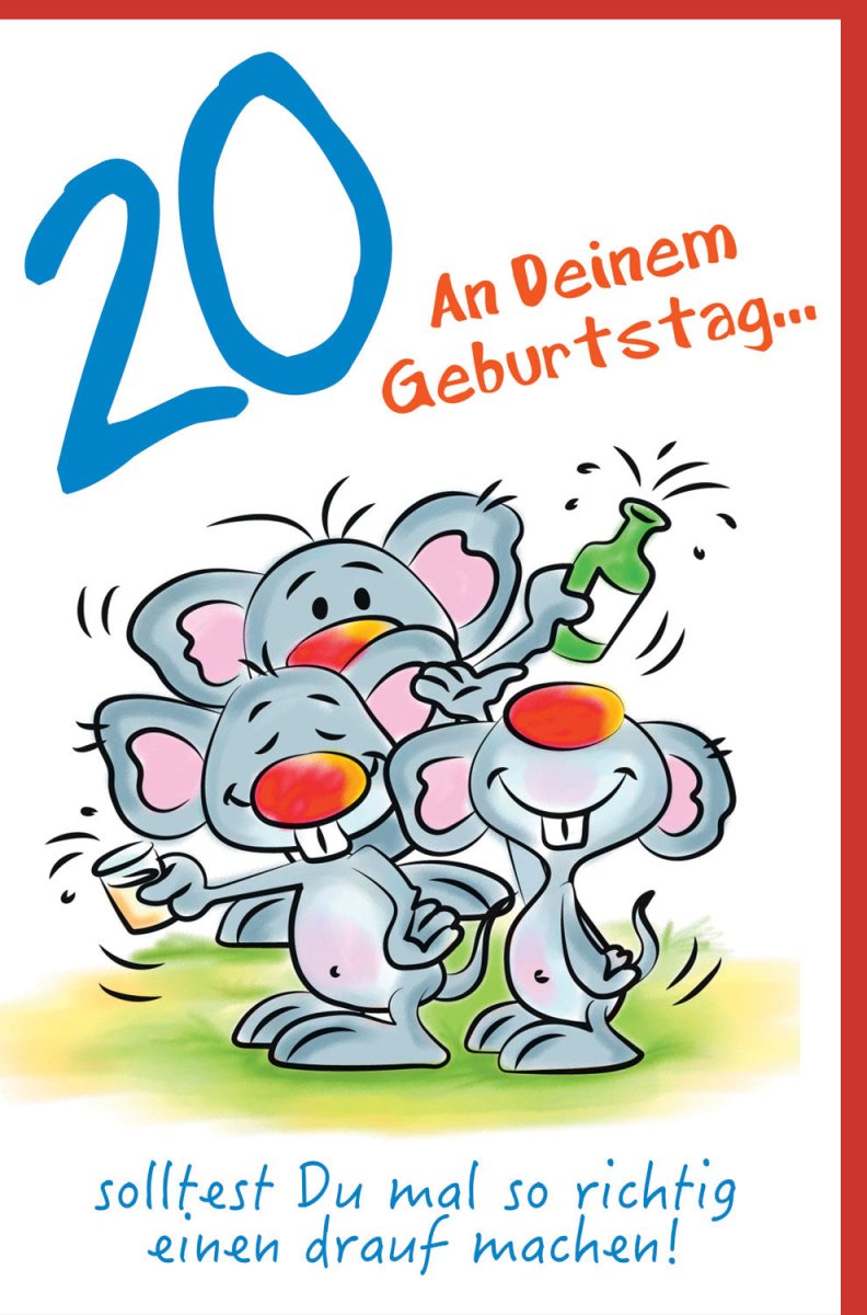 Geburtstagskarte für 20. Geburtstag - Lustige Glückwunschkarte mit Mäuse - Cartoon, Bunte Party - Spaß Illustration, Cheers Anstoßen Motiv, Humorvolle Grußkarte zum Jubiläum & Feiern - Geburtstagsgruß & Gratulation