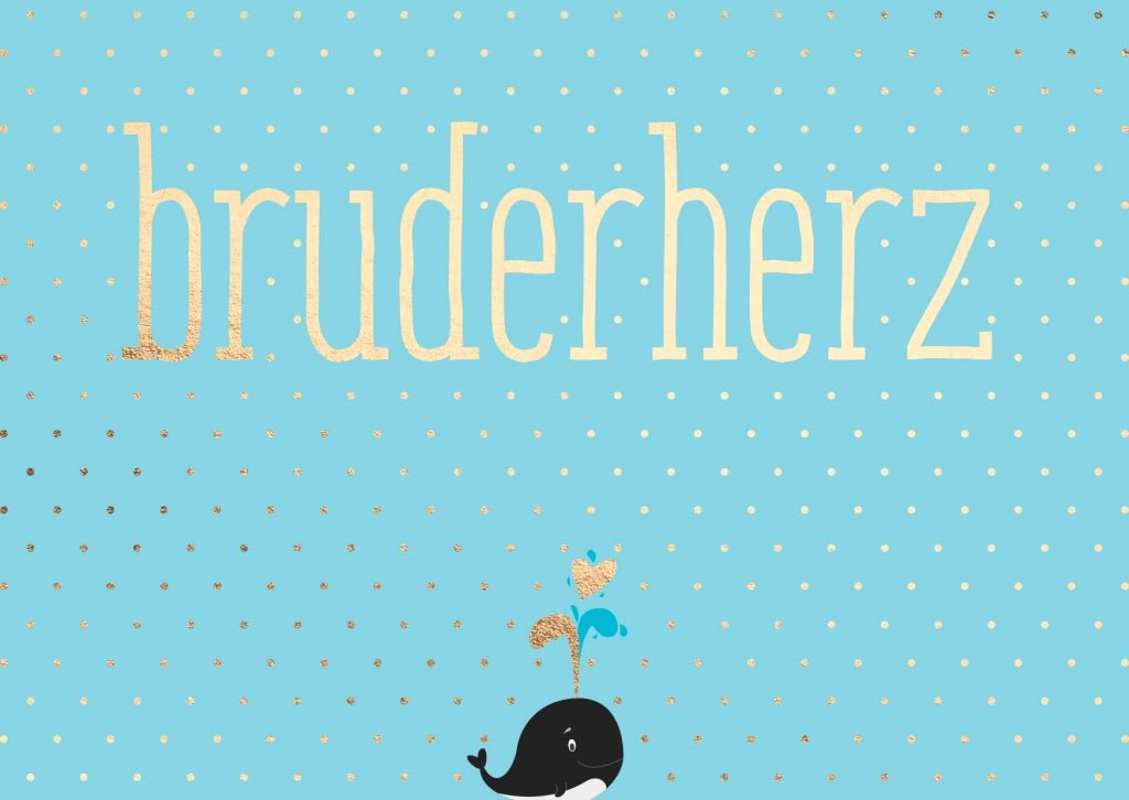 Geburtstagskarte für Bruder - Witzige Postkarte mit Spruch 'Bruderherz', Wal - Motiv in Blau & Gold, Konfetti - Design, Meerestier - Thema, Geschwisterliebe & Humor