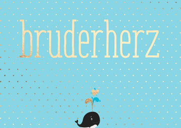 Geburtstagskarte für Bruder - Witzige Postkarte mit Spruch 'Bruderherz', Wal - Motiv in Blau & Gold, Konfetti - Design, Meerestier - Thema, Geschwisterliebe & Humor