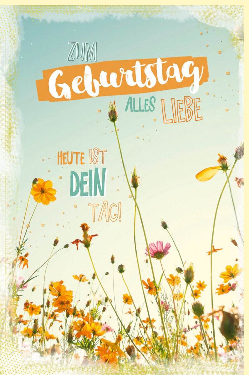 Geburtstagskarte für Erwachsene - Bunte Blumenwiese & Natur - Motiv, Fröhliche Glückwunschkarte mit Wiesenblumen, Pastellfarben Gelb & Orange, Himmelblau mit Sonnenschein, Grußkarte zur Gratulation und Freude für Frauen