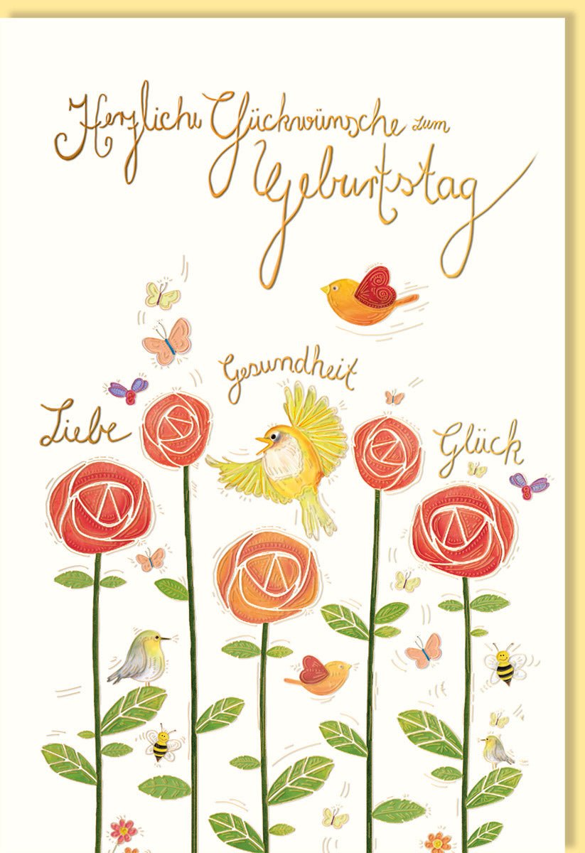Geburtstagskarte für Erwachsene Frauen - Fröhliche Doppelkarte mit Blumen & Vögeln, Warme Gelb - Orange Töne, Liebevoller Spruch, Glück & Gesundheit Wünsche, Florales Motiv
