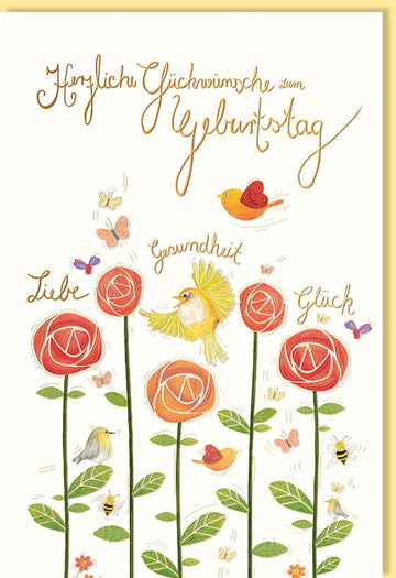 Geburtstagskarte für Erwachsene Frauen - Fröhliche Doppelkarte mit Blumen & Vögeln, Warme Gelb - Orange Töne, Liebevoller Spruch, Glück & Gesundheit Wünsche, Florales Motiv