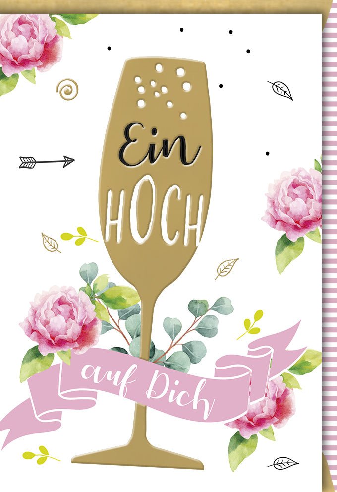 Geburtstagskarte für Erwachsene Frauen - Niedliche Glückwunschkarte mit Sektglas & Blumen Illustration, Rosa Grün Pastellfarben, Feier Toast Anstoßen Design, Freude & Gratulation Doppelkarte