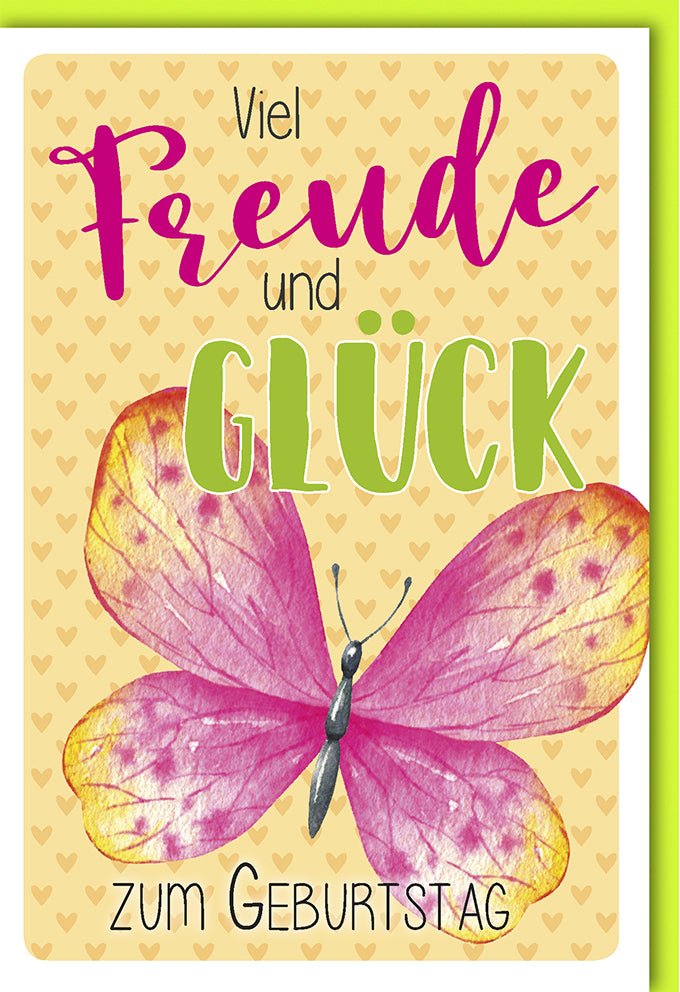 Geburtstagskarte für Erwachsene Frauen - Öko Naturkarton Glückwunschkarte mit Schmetterling Motiv, Herzliche Gratulation in Grün & Pink, Umweltfreundliche Doppelkarte mit Freude & Glück Wünschen
