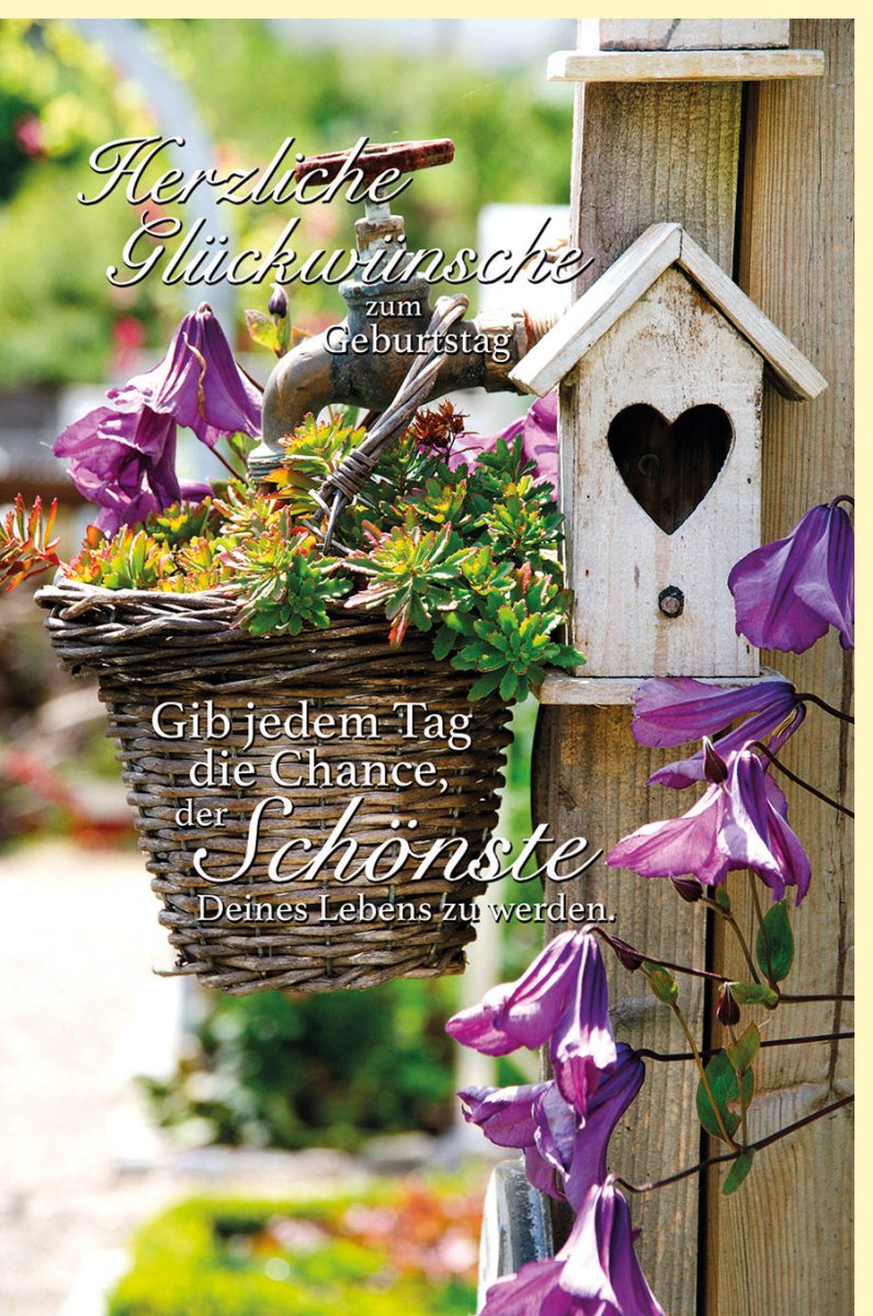Geburtstagskarte für Erwachsene, Herzliche Glückwunsch Doppelkarte - Sommerliches Vogelhaus & Blumenkorb Design in Lila & Grün, Idyllische Natur Garten Szenerie, Ideal für Frauen, Ländlich Outdoor Motiv
