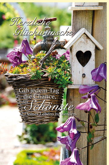 Geburtstagskarte für Erwachsene, Herzliche Glückwunsch Doppelkarte - Sommerliches Vogelhaus & Blumenkorb Design in Lila & Grün, Idyllische Natur Garten Szenerie, Ideal für Frauen, Ländlich Outdoor Motiv