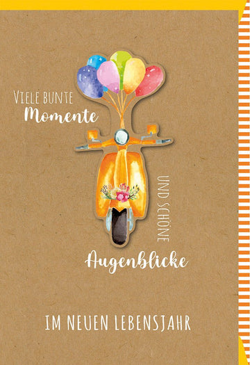 Geburtstagskarte für Erwachsene & Jugendliche - Fröhliche Doppelkarte mit Roller, Luftballons & Blumenmotiv in Orange, Gelb & Braun - Bunte Glückwunschkarte für Frauen und Männer, Ideal als Geburtstagsgeschenk