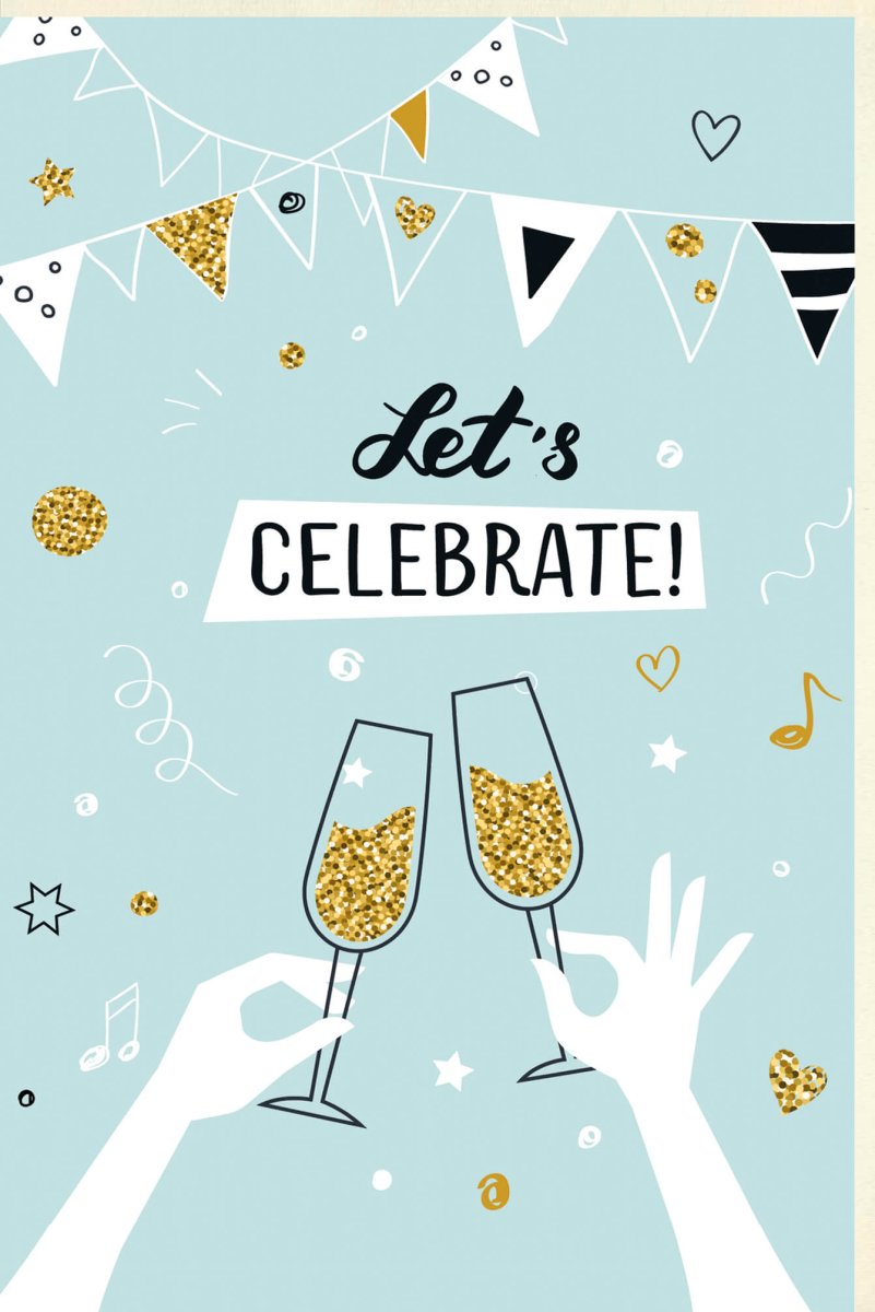 Geburtstagskarte für Frau - Elegante Glückwunsch Doppelkarte mit Sektgläsern, Gold Konfetti & Cheers Motiv, Party Dekoration