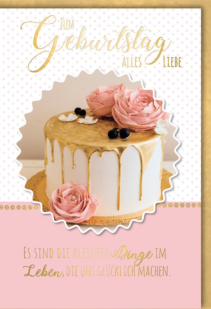 Geburtstagskarte für Frau - Elegante Glückwunschkarte mit Torte & Blumen in Rosa Gold, Feierliche Gratulations - Doppelkarte