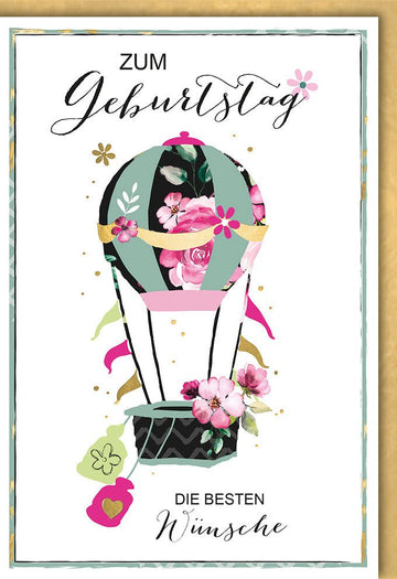 Geburtstagskarte für Frauen - Elegante Blumen & Heißluftballon Design, Rosa Grün, Stilvolle Glückwünsche & Feierlichkeit