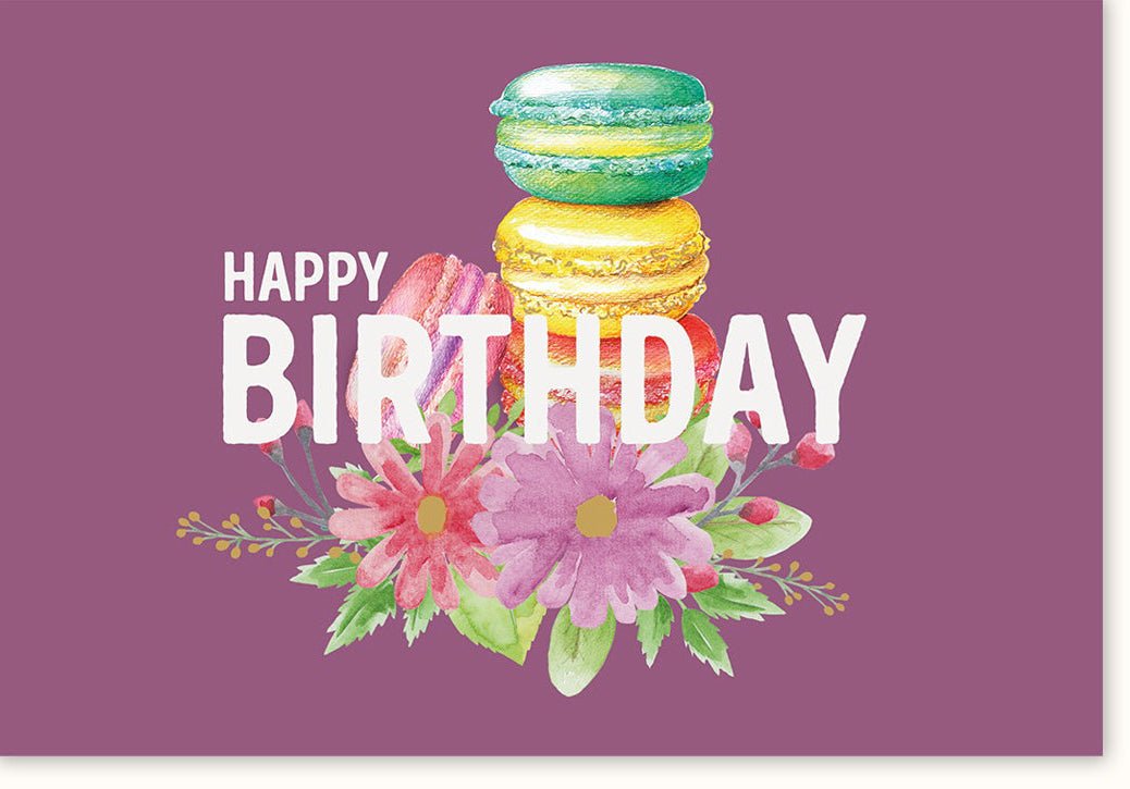 Geburtstagskarte für Frauen: Elegante Blumen & Macarons Doppelkarte, Farbenfrohe Glückwunsch Feier - Karte